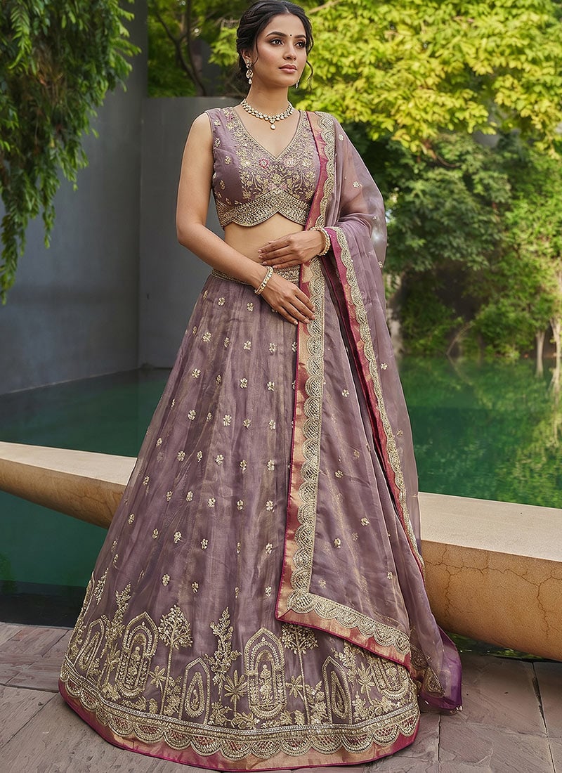 Stunning Mauve Tissue Embroidered Umbrella Lehenga Wedding Wear