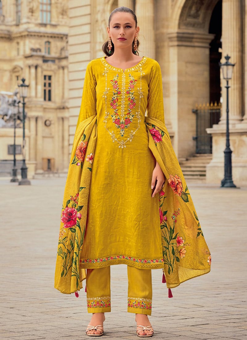 Stunning Mustard Jacquard Viscose Digital Print Straight Suit With Intricate Hand Work After Six Wear