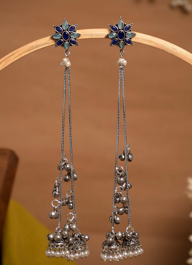 Stunning Navy Blue Floral Ghungroo Chain Dangler Earrings Festive Wear