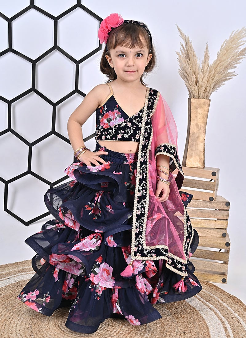 Stunning Navy Blue Georgette Floral Print Embroidered Sequins Kids Girls Lehenga Party Wear