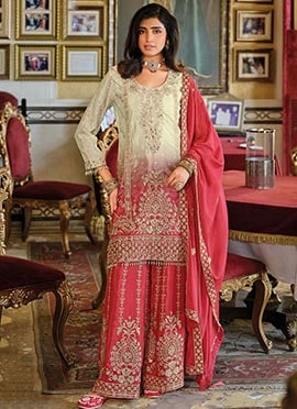 Stunning Off White Chinon Mirror Work Pakistani Palazzo Suit