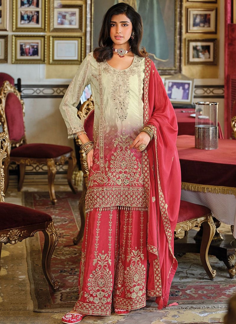 Stunning Off White Chinon Mirror Work Pakistani Palazzo Suit Festive Wear
