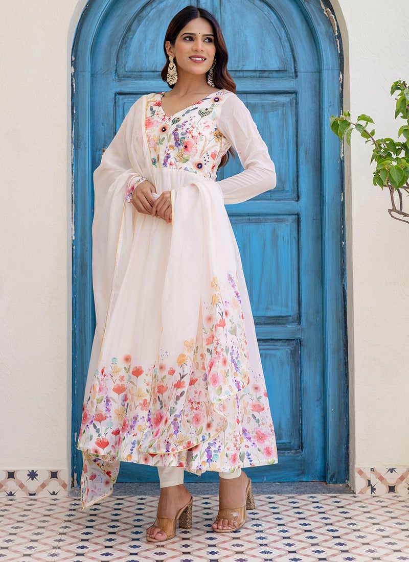 Stunning Off White Organza Hand Embroidered Cutdana Anarkali Suit Festive Wear