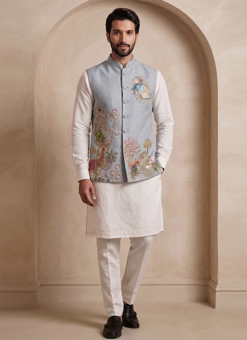 Stunning Off White Viscose With Embroidered Waist Coat Kurta Pyjama Set Festive Wear