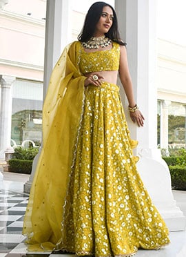 Stunning Olive Georgette Sequins Thread Embroidered Umbrella Lehenga with Hanging Piping Border