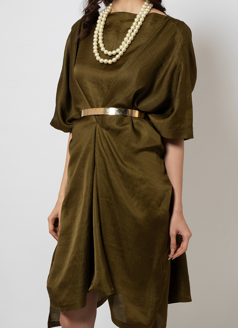 A-line Lace Appliqued Dress with Trailing Olive Green