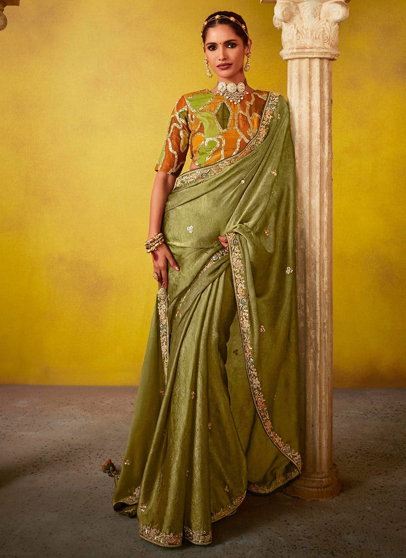 Stunning Olive Tissue Silk Embroidered Sequins With Beads Work Saree Wedding Wear