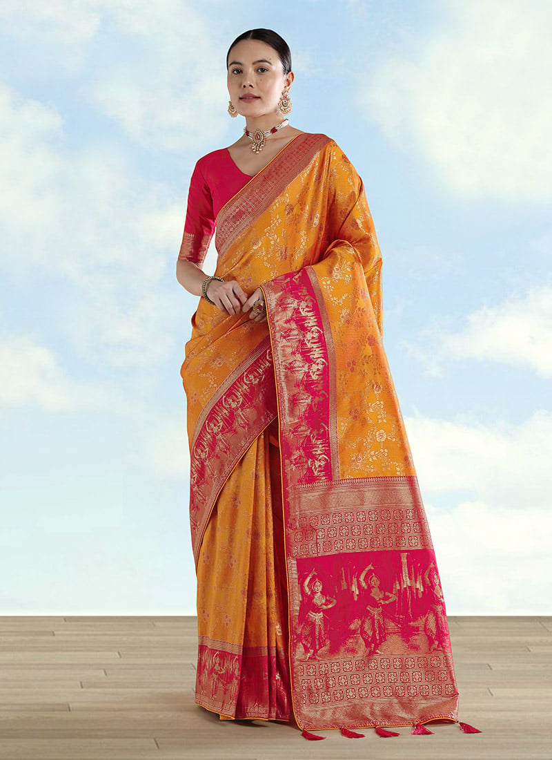 Stunning Orange Banarasi Silk Zari Woven Saree Festive Wear
