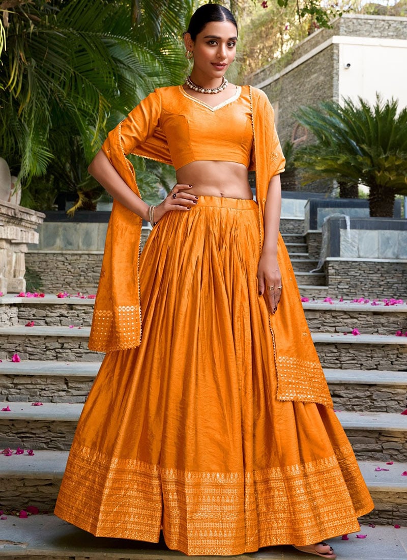 Stunning Orange Chanderi Silk Zari Umbrella Lehenga Festive Wear