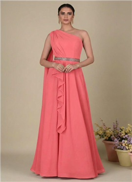 Stunning Orange Crepe Indowestern One Shoulder Gow