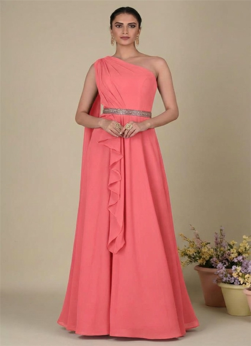 Stunning Orange Crepe Indowestern One Shoulder Gow Party Wear