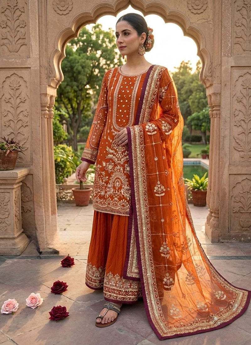 Stunning Orange Faux Georgette Embroidered Sequins Moti Palazzo Suit Festive Wear