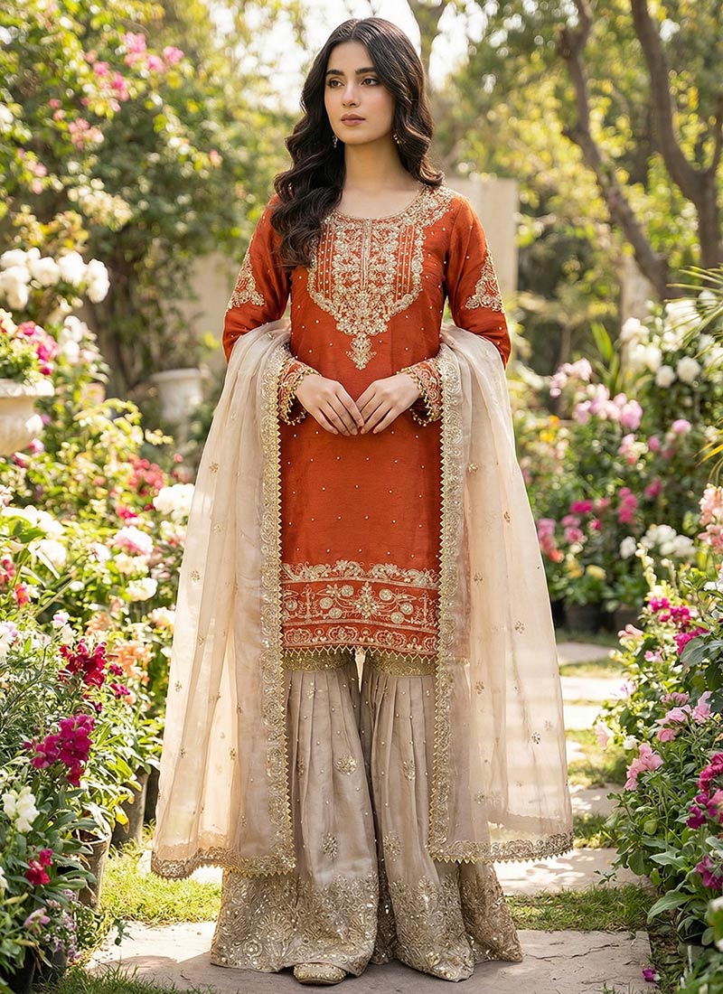 Stunning Orange Organza Silk Zari Thread Embroidered Sharara Suit Festive Wear