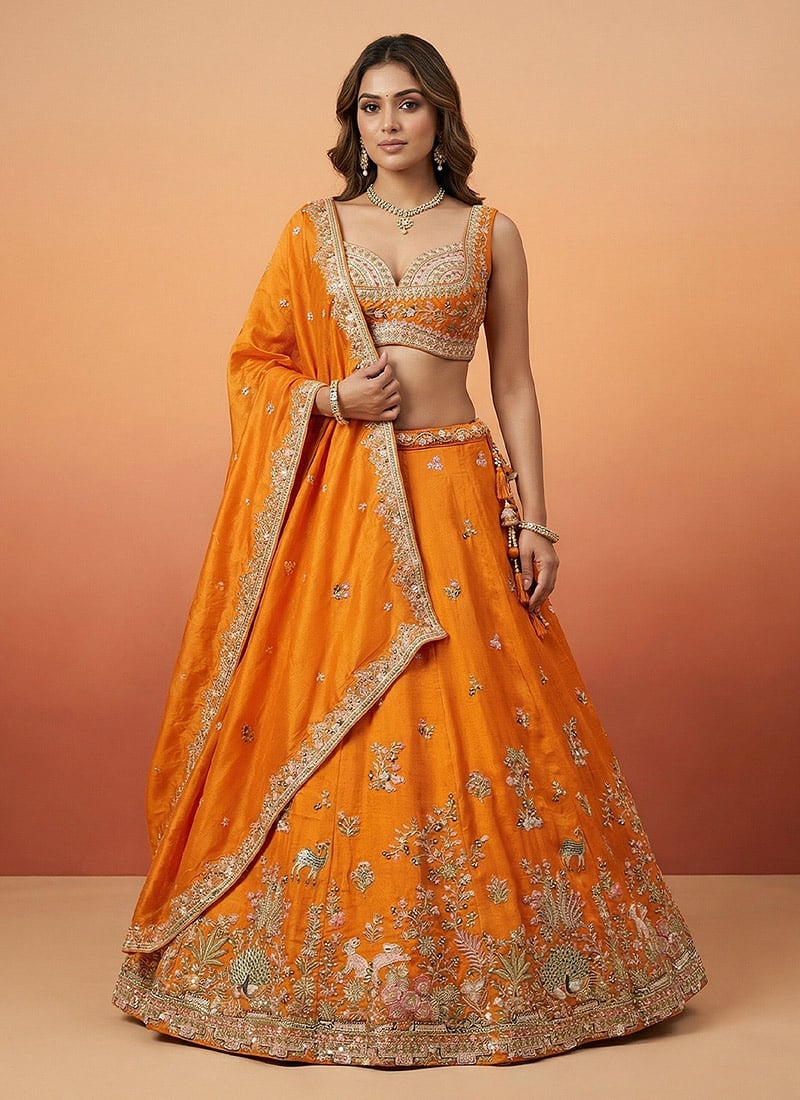 Stunning Orange Tissue Embroidered Umbrella Lehenga Wedding Wear