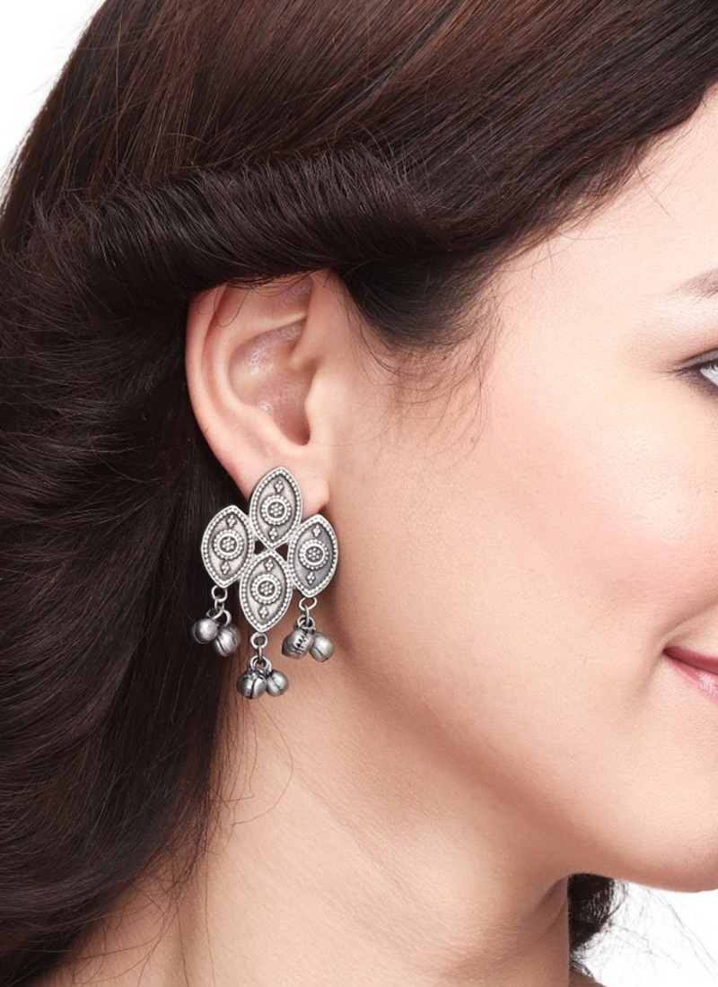 Stunning Oxidised Silver Paired Leaf Jhumka Stud Festive Wear
