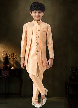 Stunning Peach Banarasi Jacquard Zari Stone Work Kids Boys Indowestern Sherwani