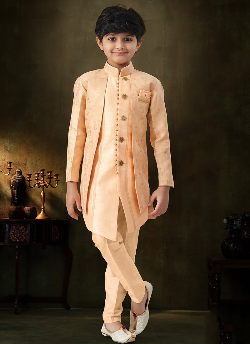 Stunning Peach Banarasi Jacquard Zari Stone Work Kids Boys Indowestern Sherwani Wedding Wear