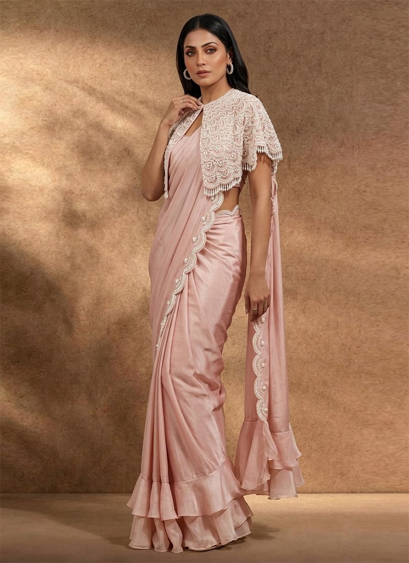 Stunning Peach Net Sequins Hand Embroidered Beads Cutdana Saree Wedding Wear