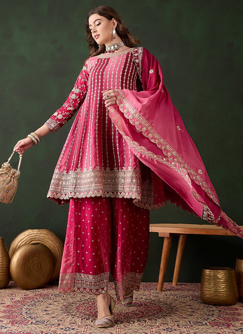 Stunning Pink Chinon Embroidered Pakistani Palazzo Suit Festive Wear