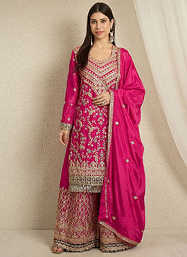 Stunning Pink Chinon Embroidered Sequins Palazzo Suit