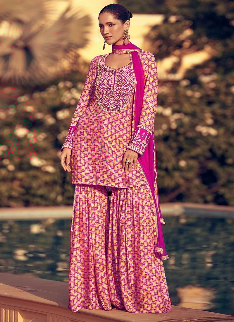 Stunning Pink Chinon Silk Printed Embroidered Sequins Sharara Suit Festive Wear