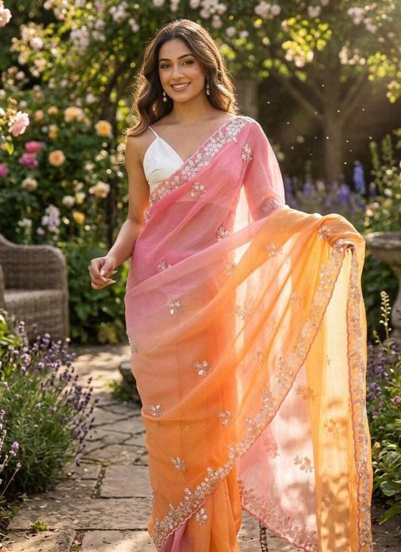Stunning Pink Crush Chiffon Sequins Moti Cutdana Work Saree After Six Wear