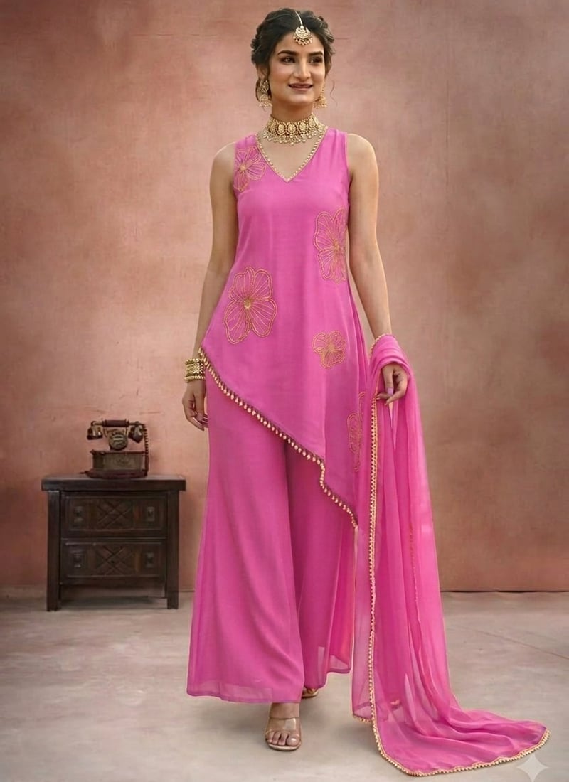 Stunning Pink Faux Georgette Beads Hand Embroidered Palazzo Suit Festive Wear