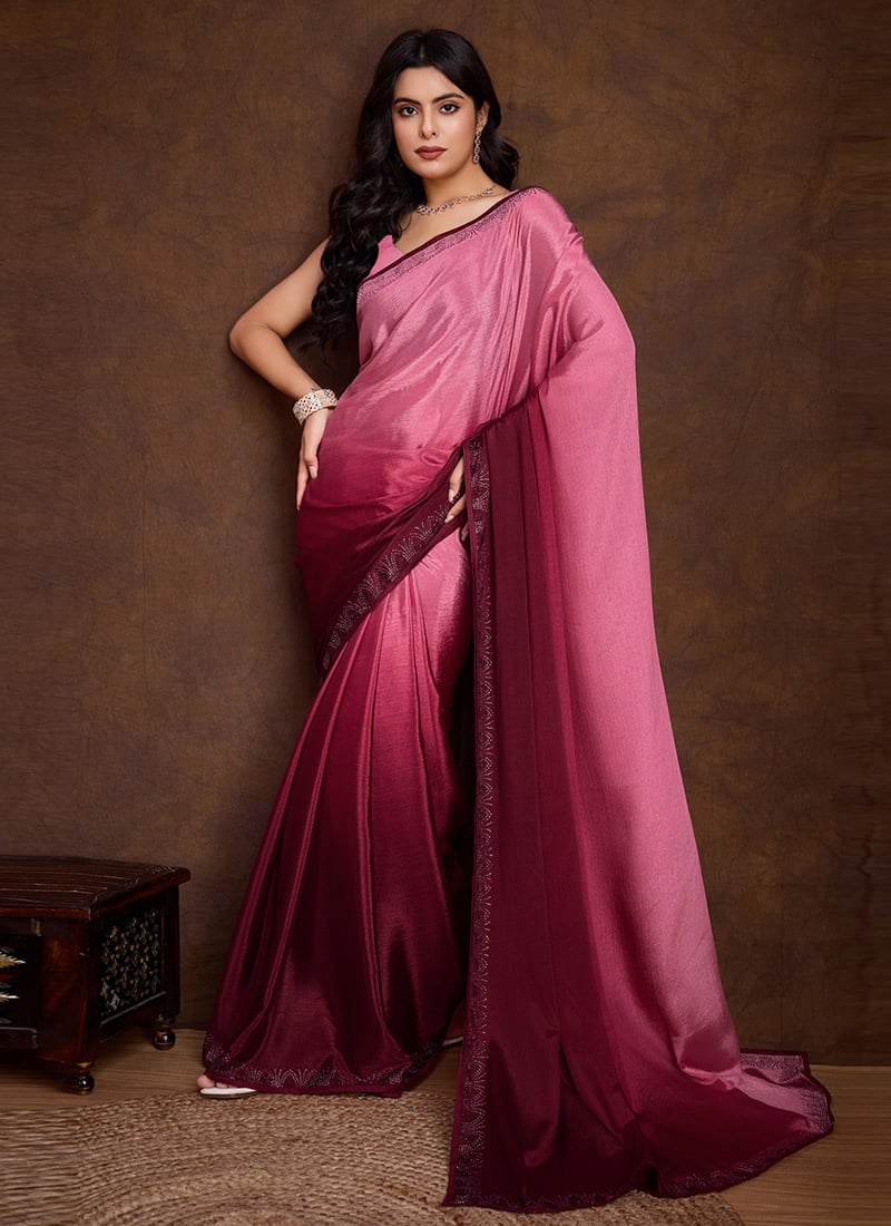 Stunning Pink Shaded Chinon Tikki Work Saree After Six Wear