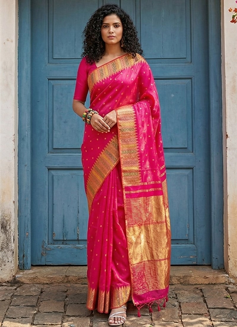 Stunning Pink Silk Blend Zari Jacquard Saree Festive Wear