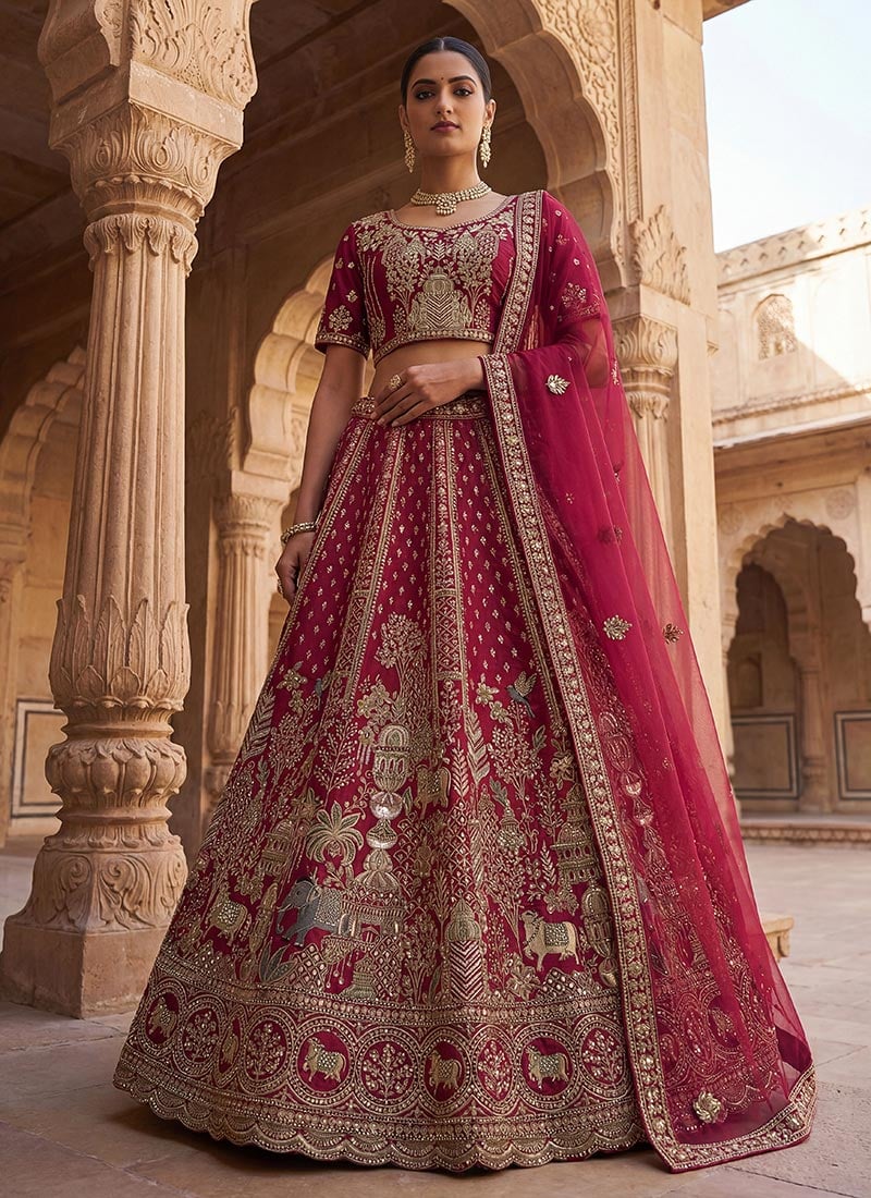 Stunning Pink Silk Embroidered Sequins Stone With Zari Work Lehenga Wedding Wear