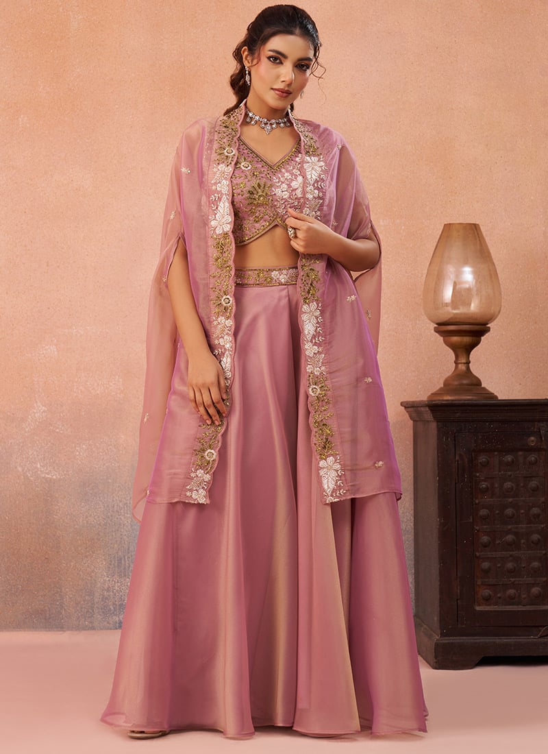 Stunning Pink Tissue Embroidered Sequins With Beads Work Jacket Palazzo Crop Top Set Wedding Wear