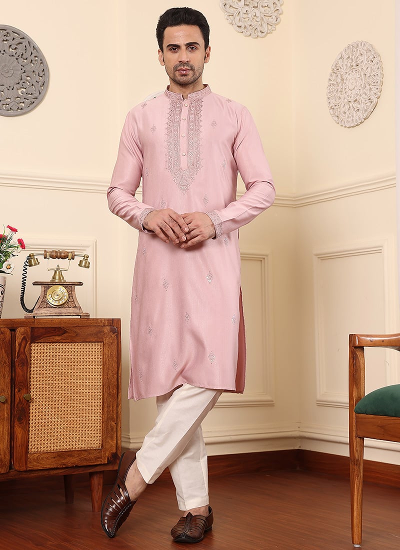 Stunning Pink Viscose Silk Embroidered Kurta Pyjama Festive Wear