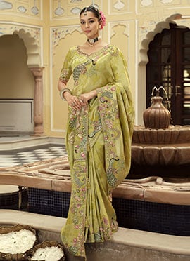 Stunning Pista Green Soft Silk Zari Weaving Heavy Thread Embroidery Khatli Work Saree