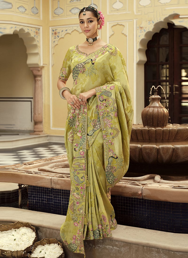 Stunning Pista Green Soft Silk Zari Weaving Heavy Thread Embroidery Khatli Work Saree Wedding Wear
