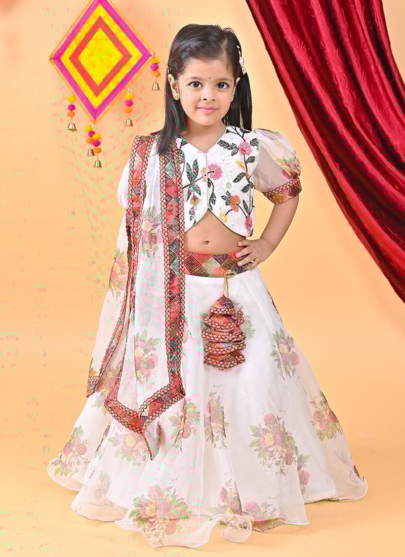 Stunning Printed Embroidered Organza Girls Umbrella Lehenga Party Wear