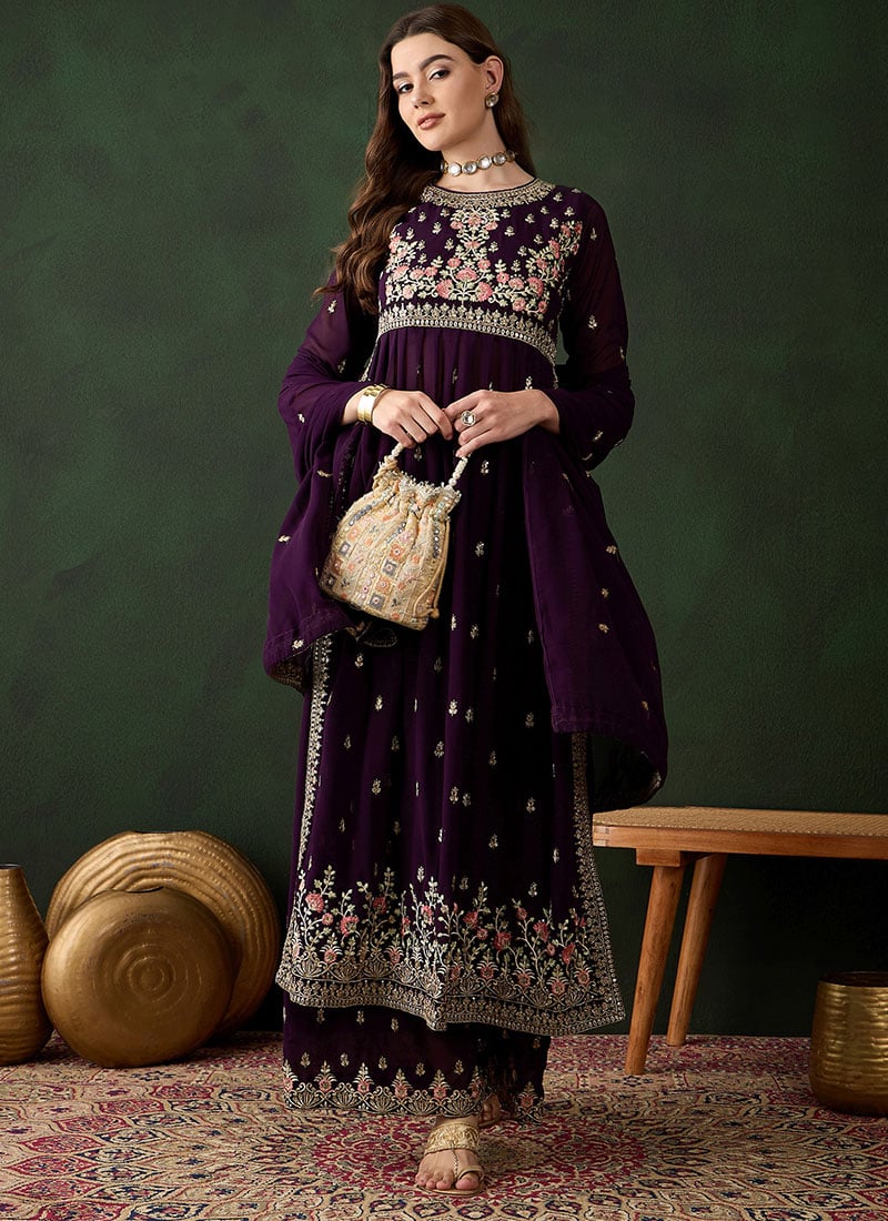 Stunning Purple Georgette Embroidered Pakistani Straight Pant Suit Festive Wear