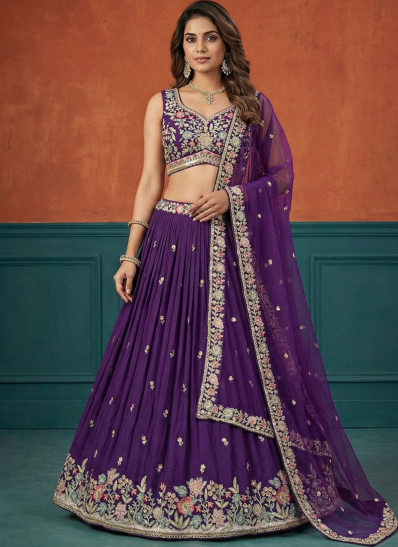 Stunning Purple Georgette Embroidered Umbrella Lehenga Wedding Wear