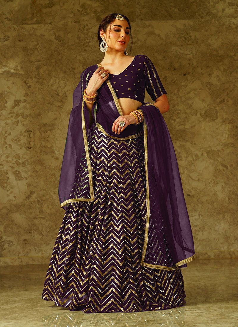 Stunning Purple Georgette Lehenga With Exquisite Zari Work And Embroidered Sequins