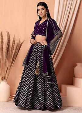 Stunning Purple Georgette Zari Embroidered Sequins A Line Lehenga