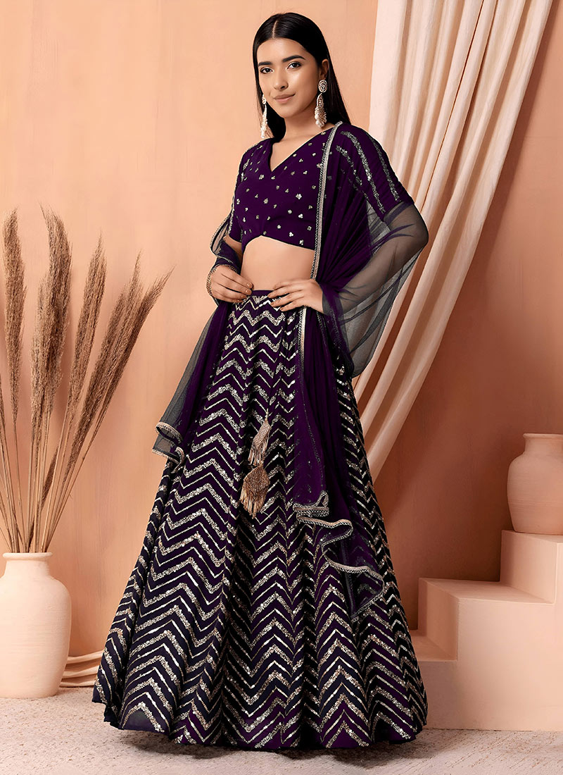 Stunning Purple Georgette Zari Embroidered Sequins A Line Lehenga Wedding Wear