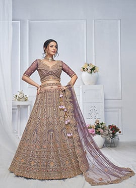 Stunning Purple Net Zarkan Work Zari Embroidered And Stone Sequins Lehenga