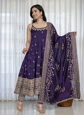 Stunning Purple Silk Embroidered Sequins Anarkali Suit