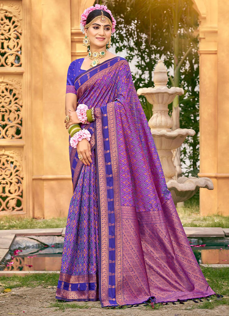 Stunning Purple Soft Silk Jacquard Woven Ikkat Print Saree Festive Wear