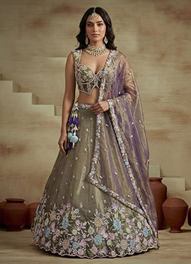 Stunning Purple Tissue Embroidered Umbrella Lehenga