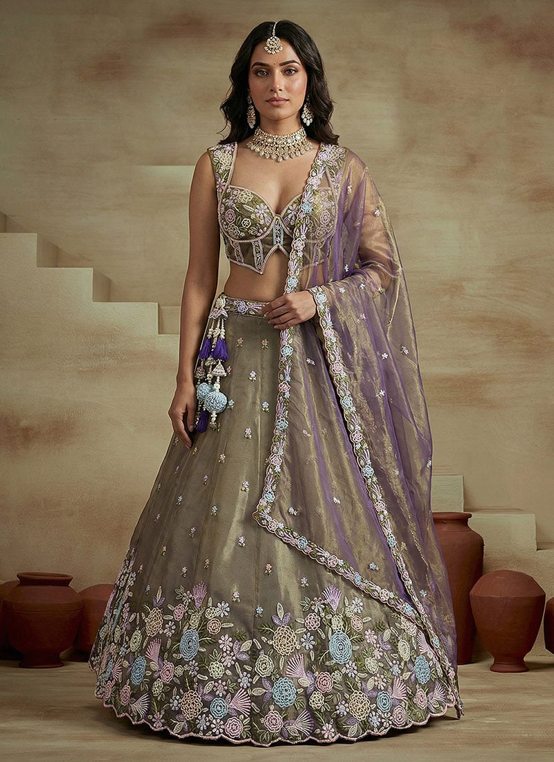 Stunning Purple Tissue Embroidered Umbrella Lehenga Wedding Wear