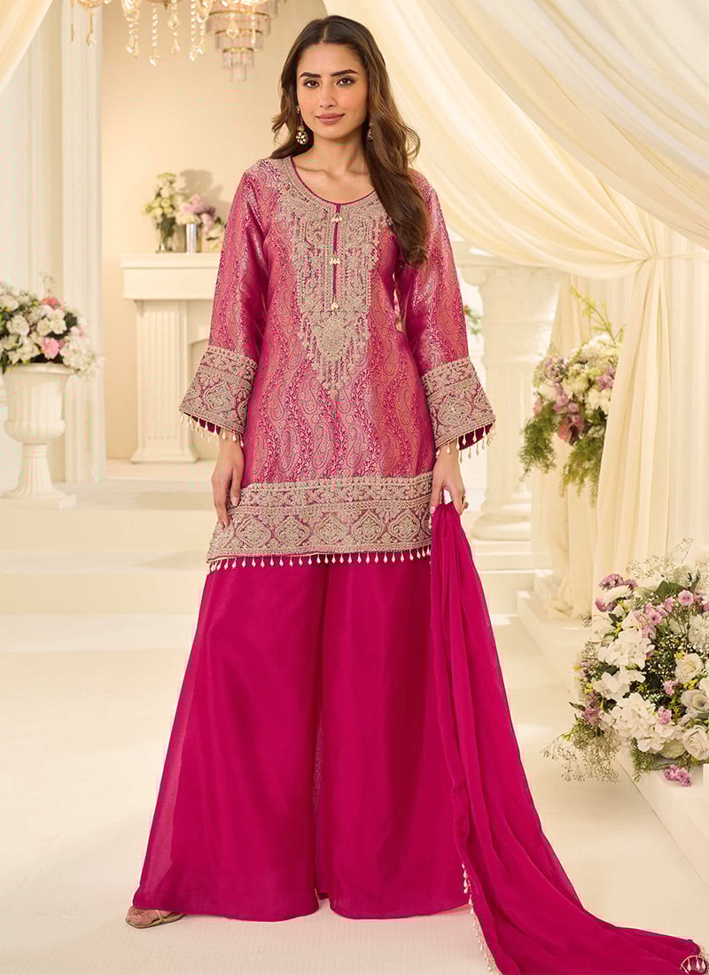 Stunning Rani Pink Chinon Silk Jacquard Embroidered Sequins With Stone Work Palazzo Suit Festive Wear