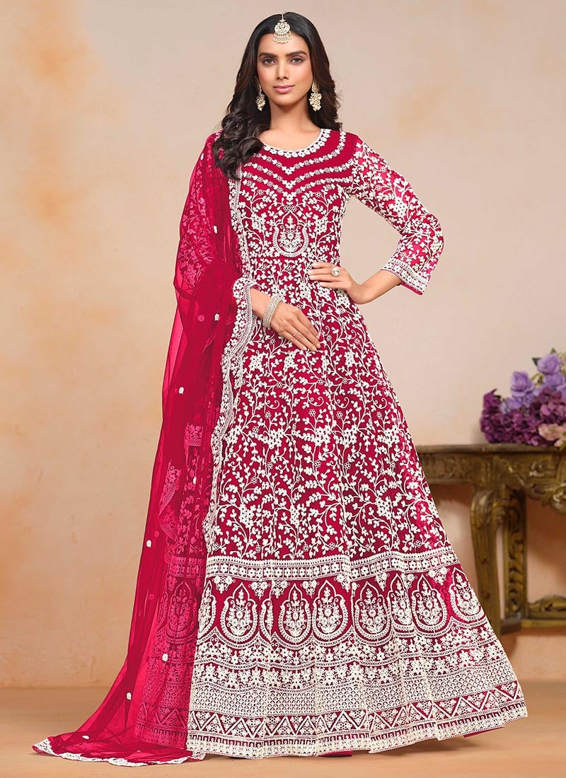 Stunning Rani Pink Embroidered Sequins Net A Line Anarkali Suit Wedding Wear
