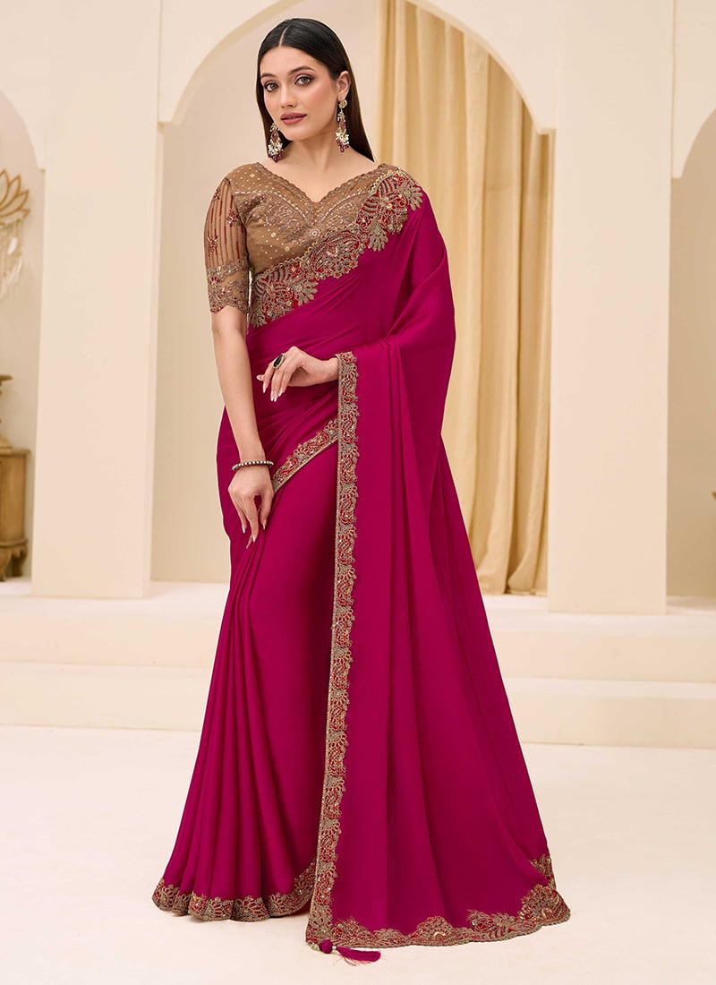 Stunning Rani Pink Georgette Embroidered Sequins Zari Thread Saree Wedding Wear