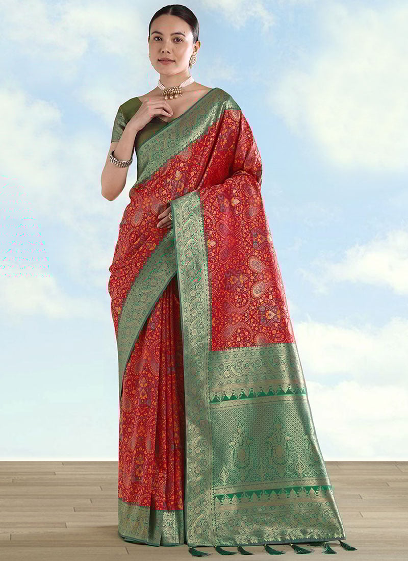 Stunning Red Banarasi Silk Paisley Zari Woven Saree Festive Wear