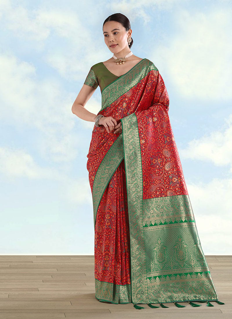 Stunning Red Banarasi Silk Woven Saree Festive Wear